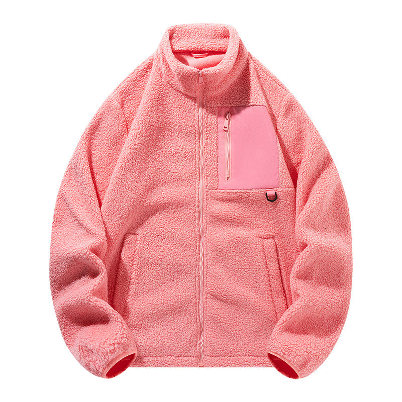 Unisex fleece jacket with stand-up collar and pockets