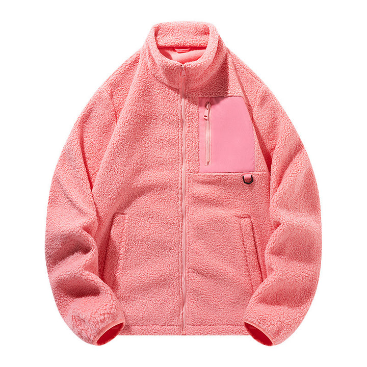 Unisex fleece jacket with stand-up collar and pockets