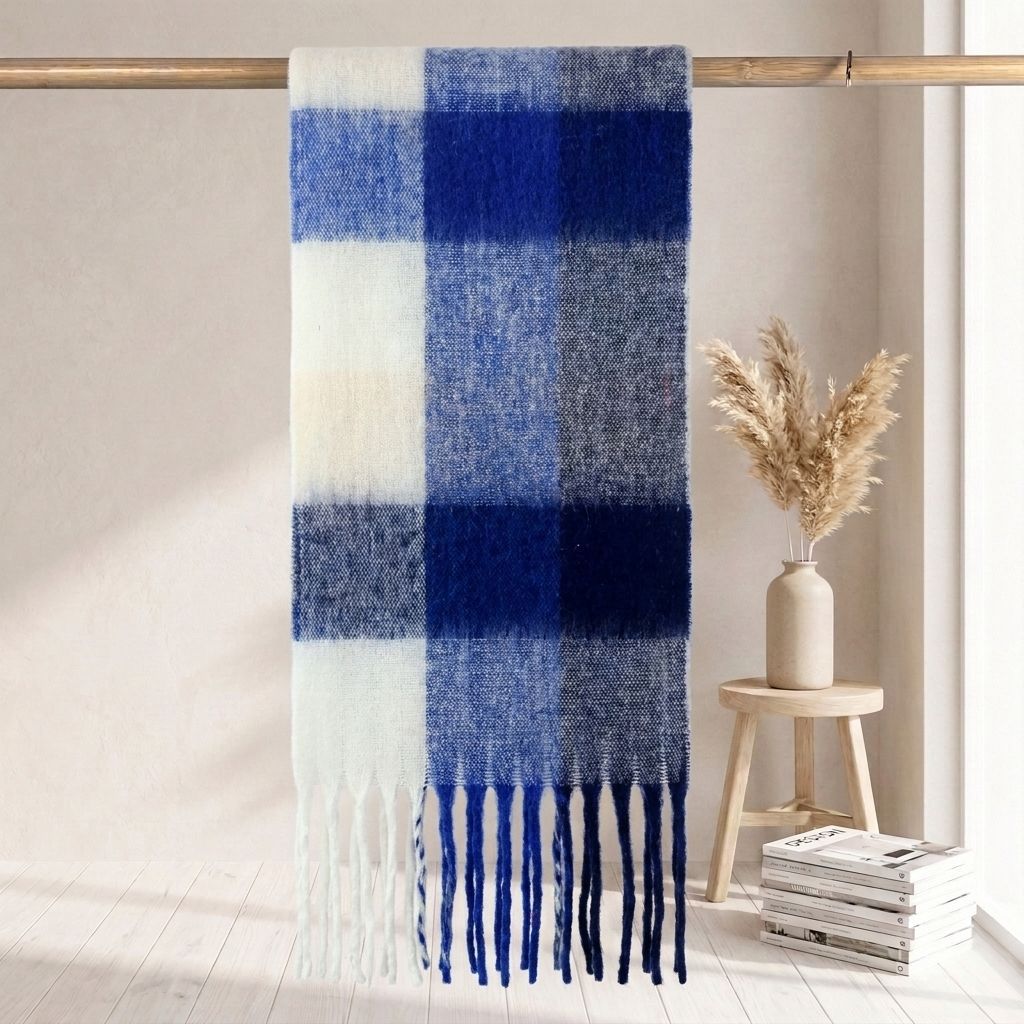Checkered scarf in mohair look, warm for autumn and winter