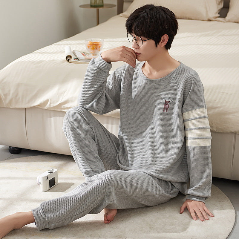 Waffle structure men's pajamas set, long-sleeved