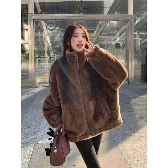 Casual lambskin imitation jacket with stand-up collar