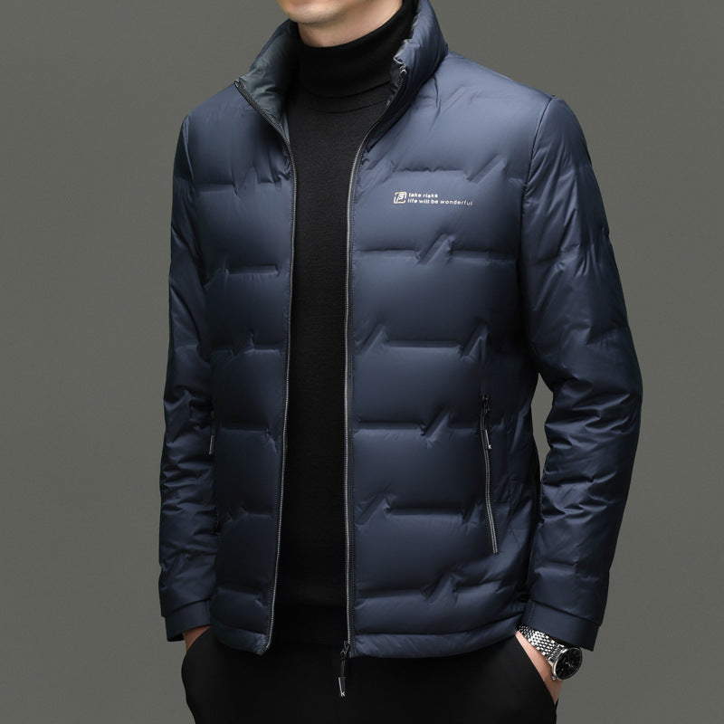 Light men's down jacket with stand-up collar