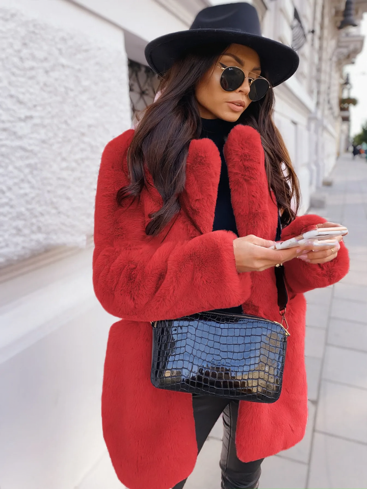 Long faux fur coat with lapel collar