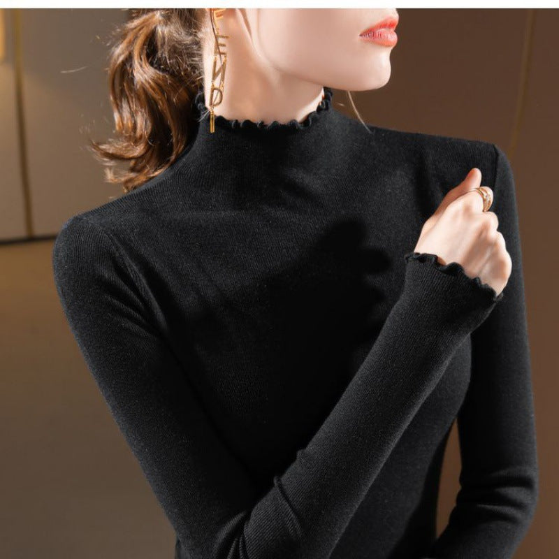 Women's Knitted Shirt, Stand-up Collar, Ruffle Edge, Fitted