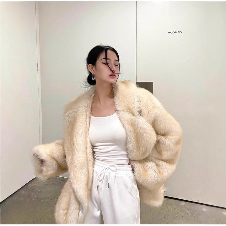 Women’s fur coat, medium length, artificial fur, winter