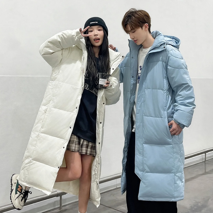 Long down coat, knee-length, for men and women