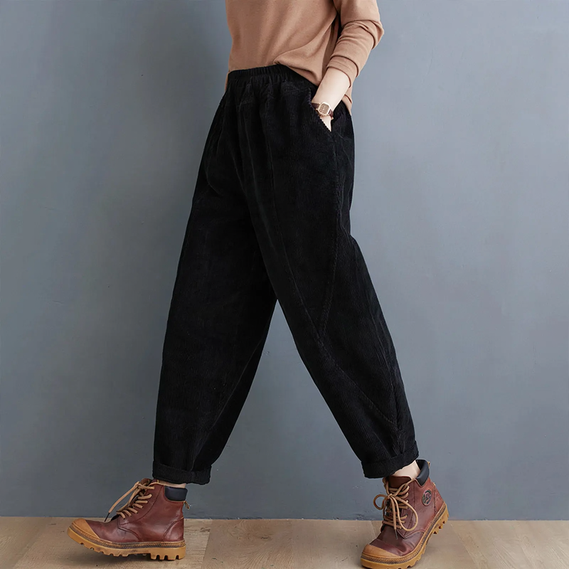 Padded corduroy carrot pants with elastic waistband