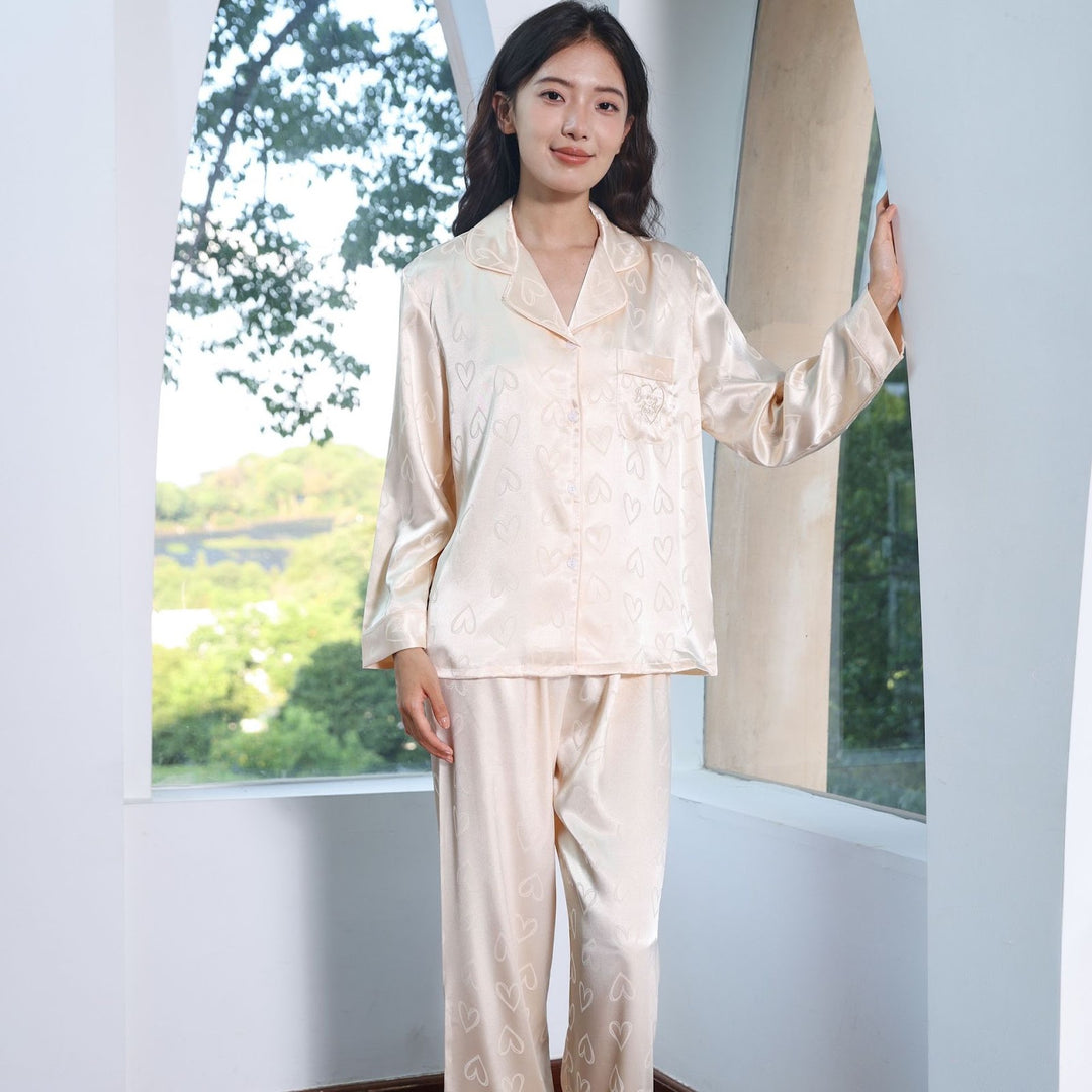 Women's Pajama Set, Ice Silk, Long Sleeve, Heart Pattern