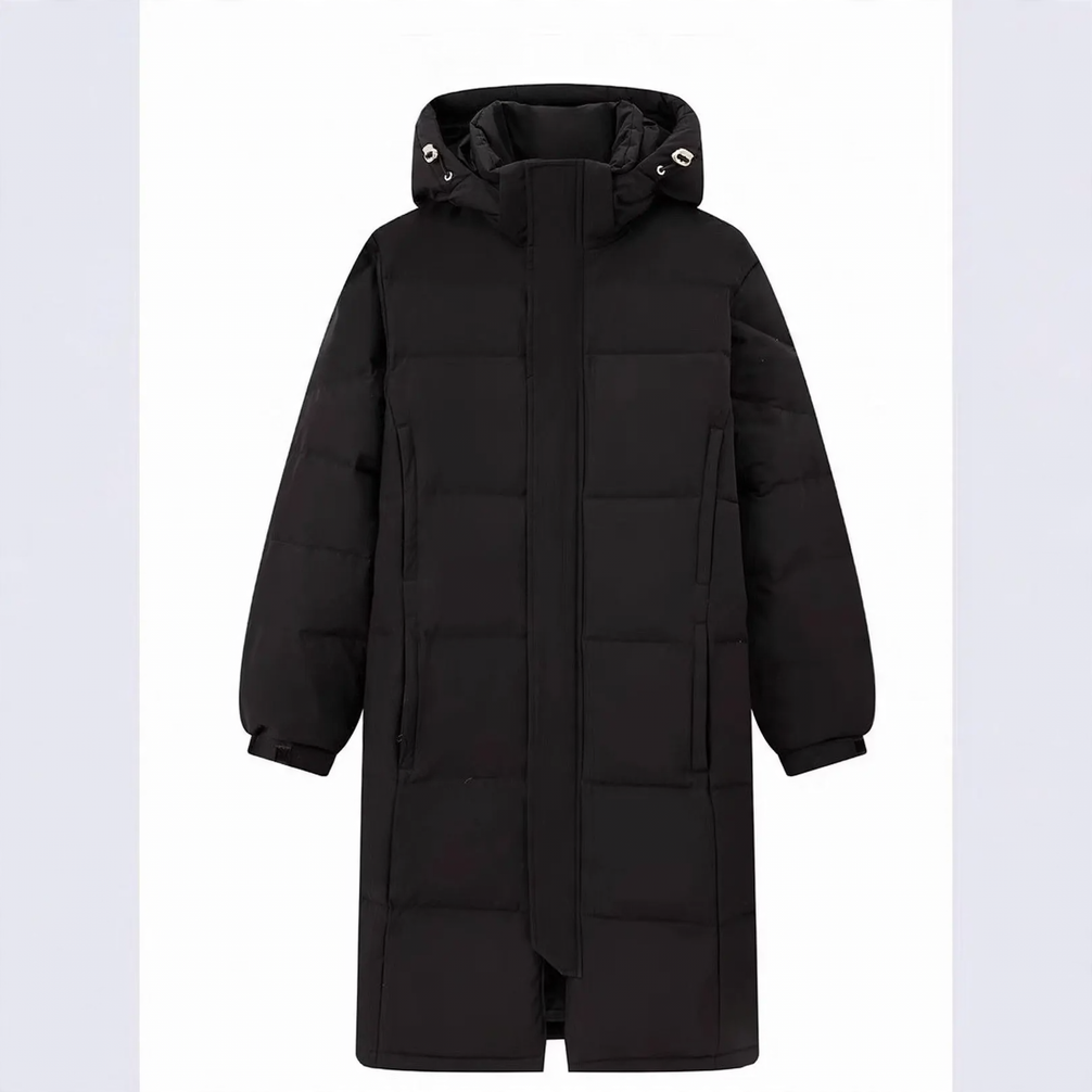 Long women's down coat, knee-length, padded, for winter