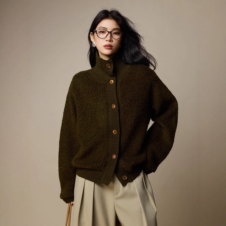 Women's wool cardigan, high-necked