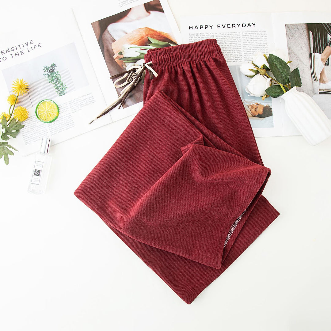 Cord wide trousers with drawstring, high waist, straight cut
