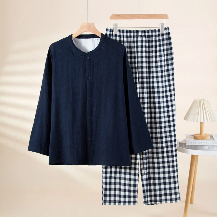 Men's pajama set made of cotton gauze, simple design