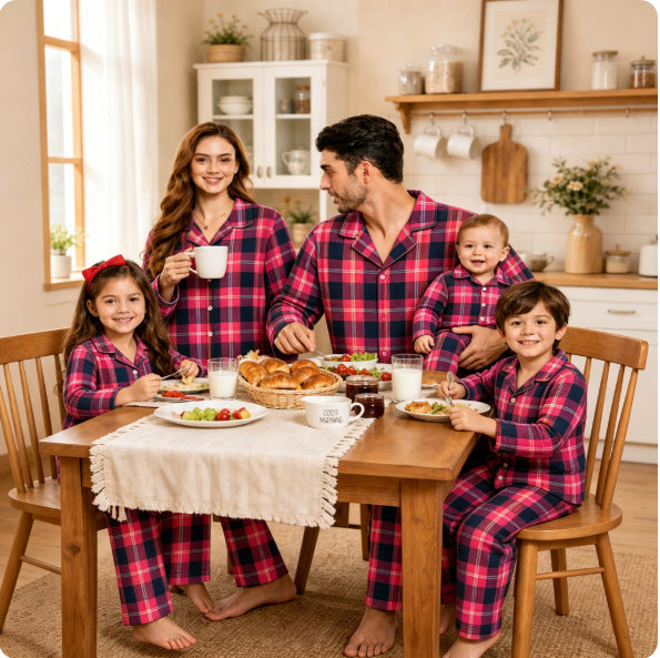 Family Pajama Set, checked, Long sleeve, with lapel