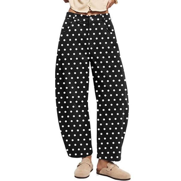 Cord pants with elastic waistband and polka dot pattern