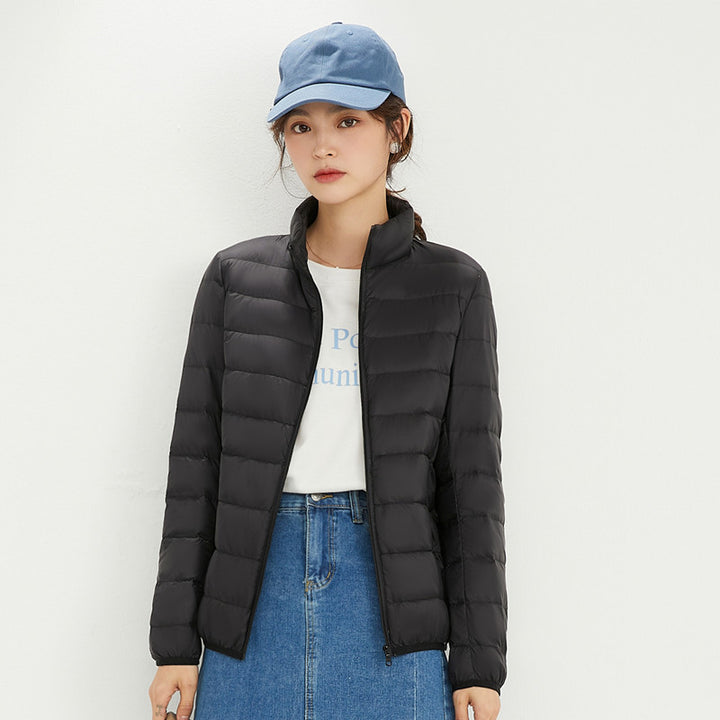 Light women's down jacket with stand-up collar