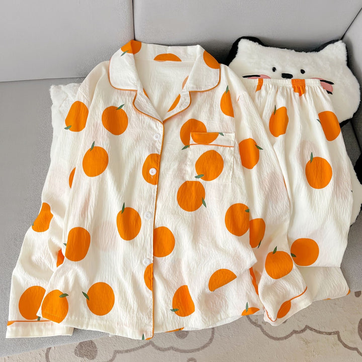 Women's Pajama Set, long-sleeved, with button placket, cartoon style