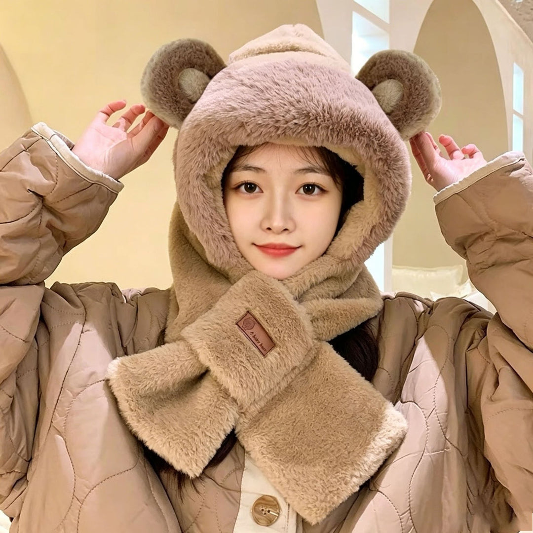 Plush hat with ears and scarf, one size