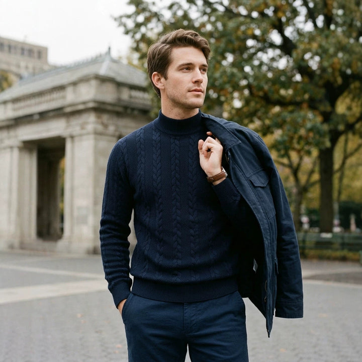 Men's knit sweater, roll neck, breathable, sporty