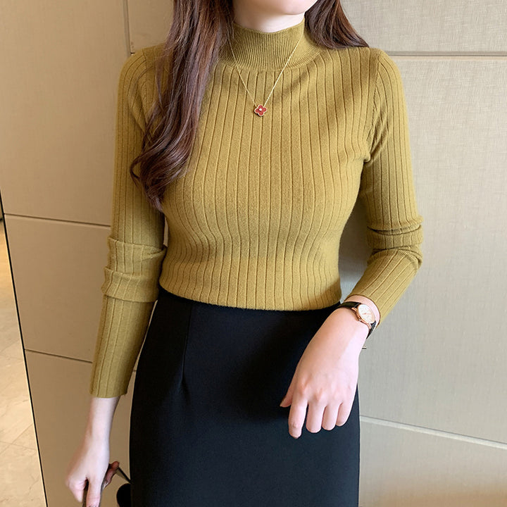 Women's knit sweater with stand-up collar, thin