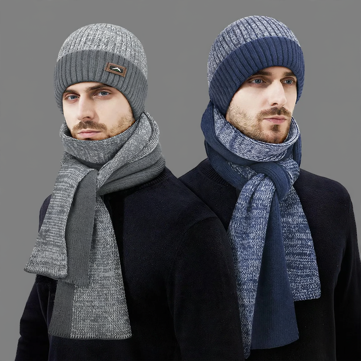 Knit Set: Beanie and long scarf with leather detail