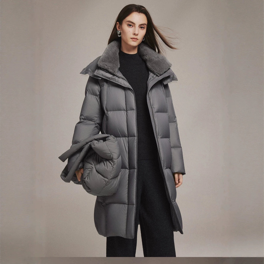 Long women's down coat with lambskin collar