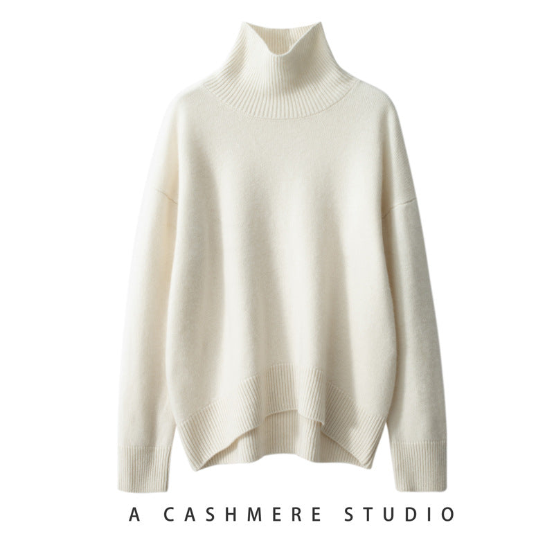 Women's cashmere sweater, high collar, loose fit