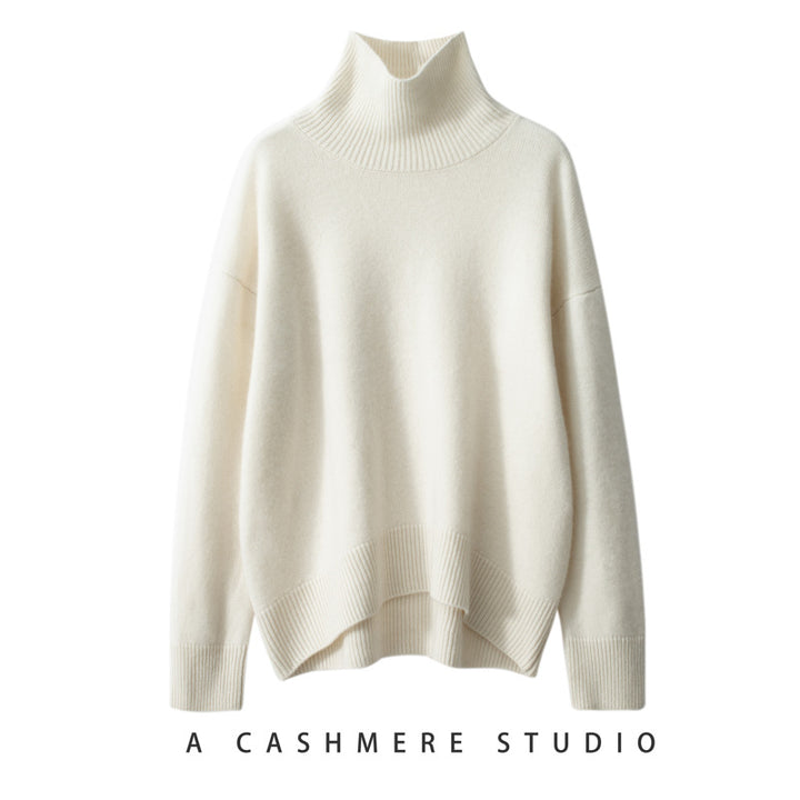 Women's cashmere sweater, high collar, loose fit