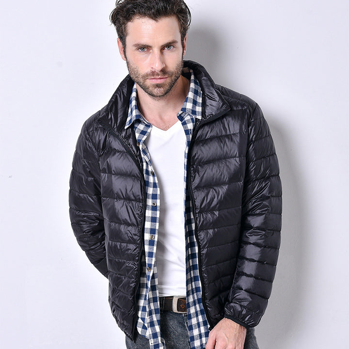 Light men's down jacket, stand-up collar, slim fit