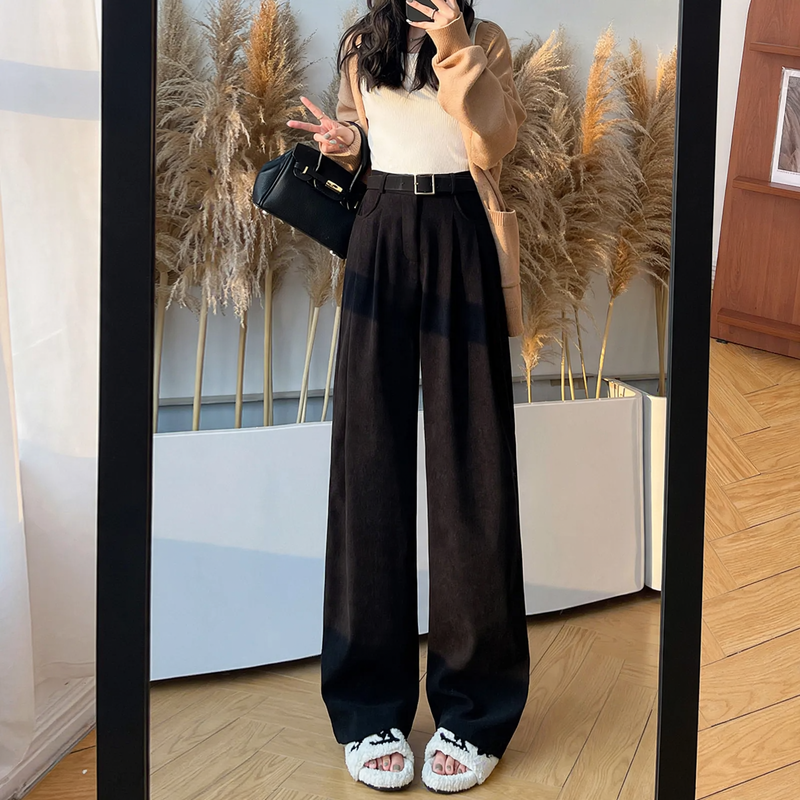 Cord Wide Trousers for Women, High Waist, Straight Fit