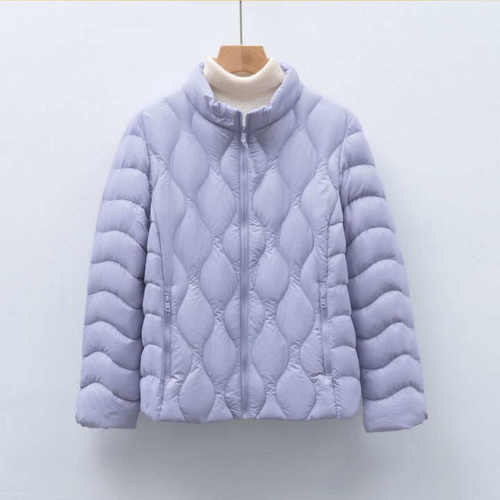 Light women's down jacket with stand-up collar and wave pattern