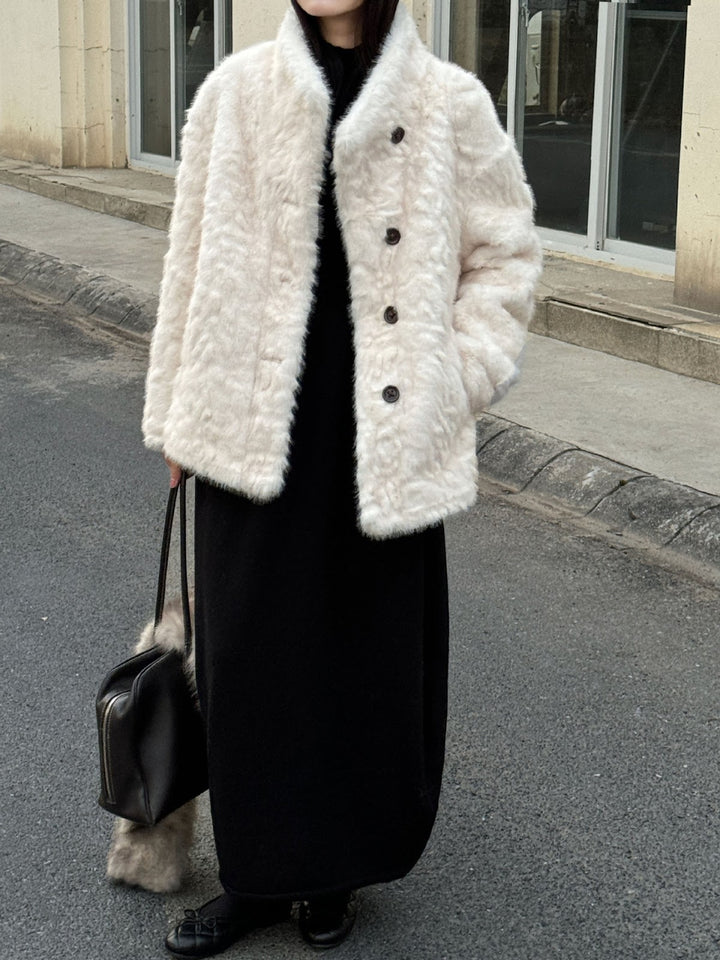 Women's faux fur jacket with standing collar, lined, model 52003