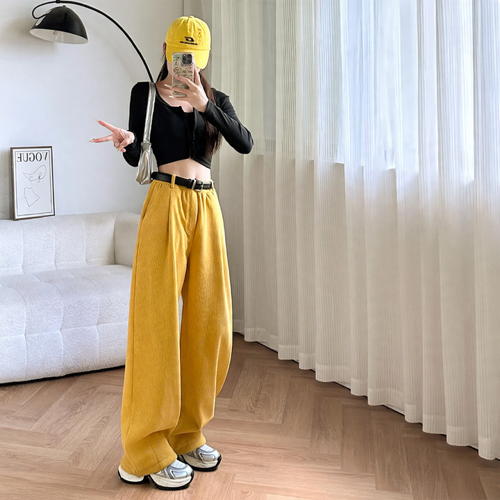 Cord Wide Trousers with High Waist, Lined