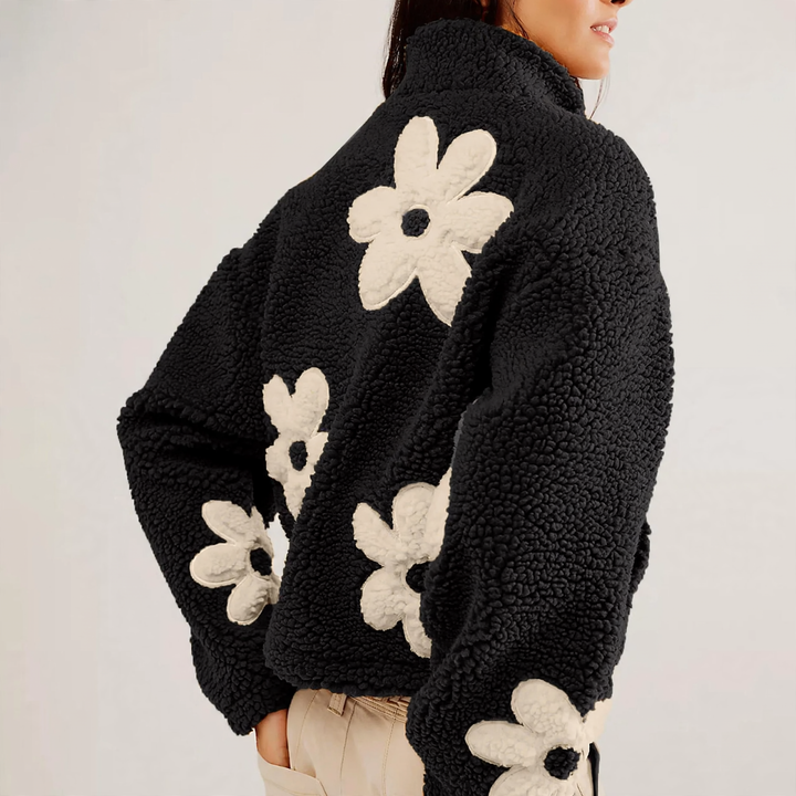 Faux fur cardigan with floral embroidery