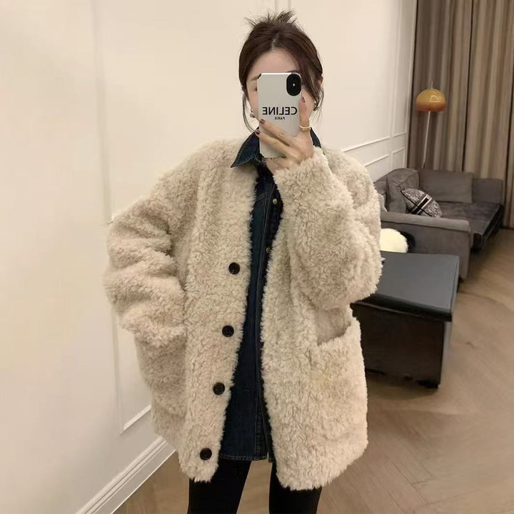 Women's winter jacket with lamb fleece imitation, lined