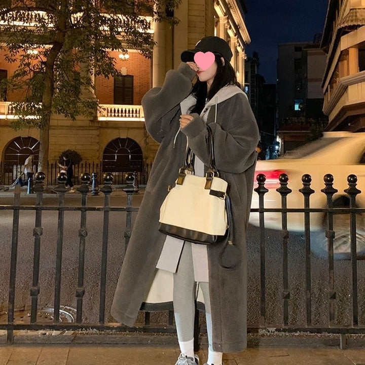 Lamb fleece hooded coat for women, long, loose fit