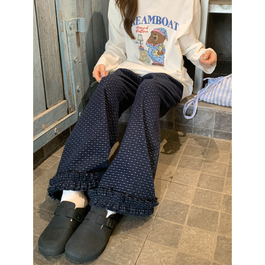 Polka Dot Corduroy Leisure Pants with Ruffle Details