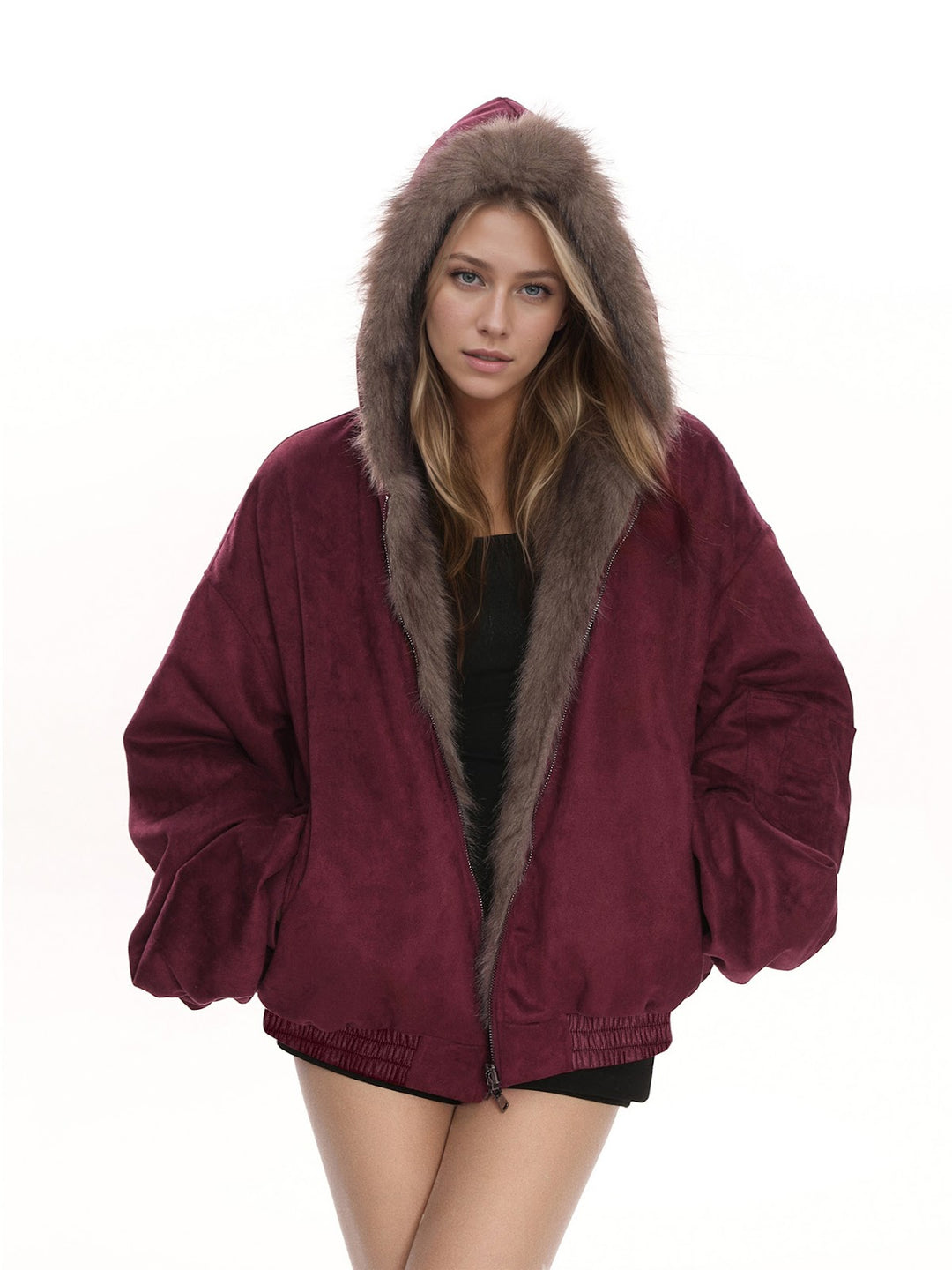Reversible hooded jacket made of suede imitation and faux fur