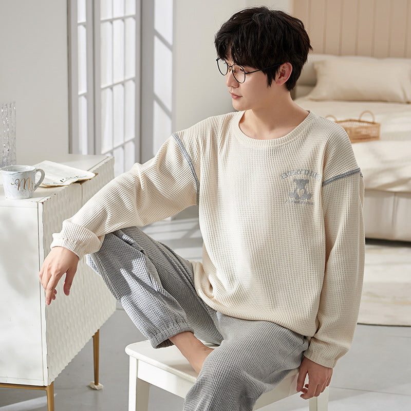 Waffle structure men's pajamas set, long-sleeved