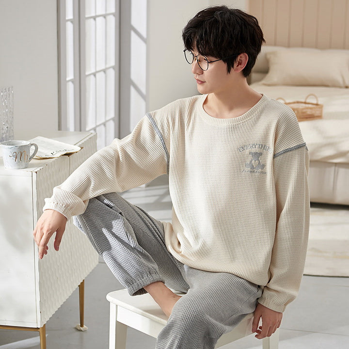 Waffle structure men's pajamas set, long-sleeved
