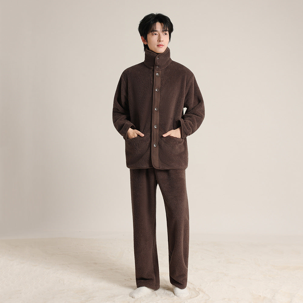 Warmer coral fleece pajama set with lapel for couples