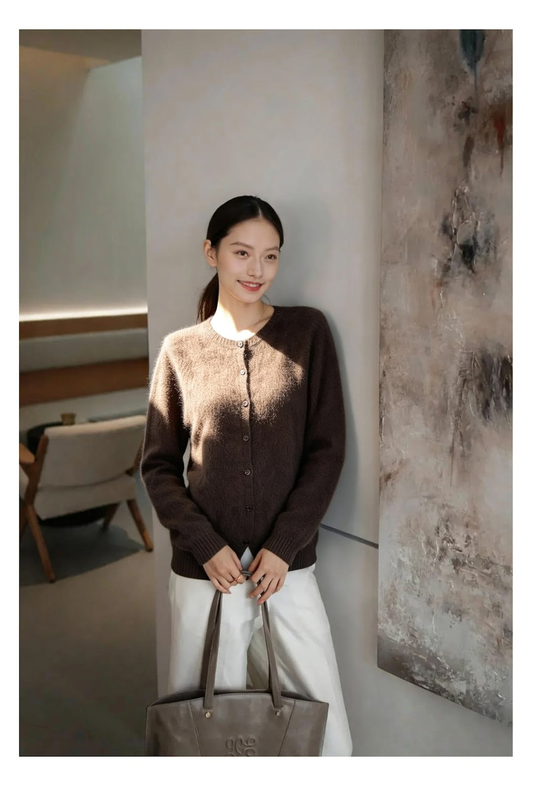 Women's cardigan, round neck, brushed