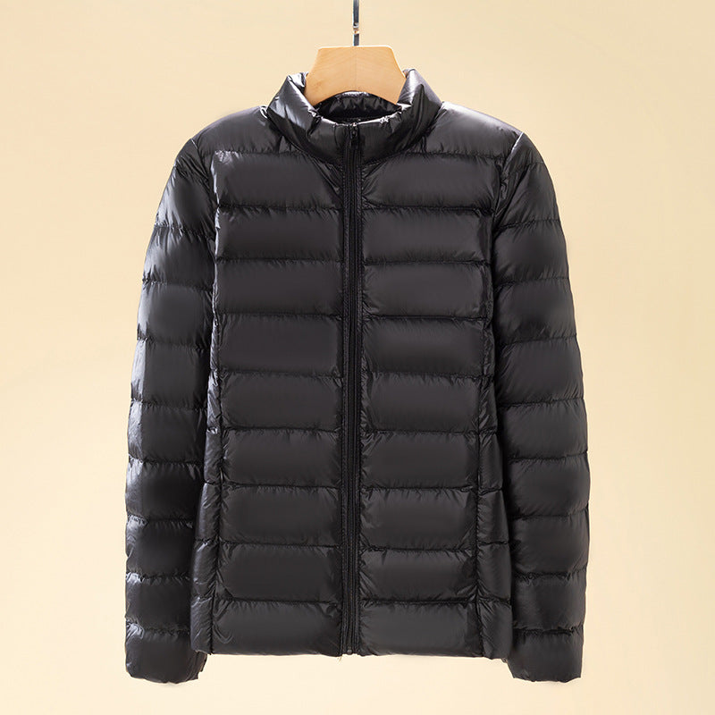Short women's down jacket with stand-up collar