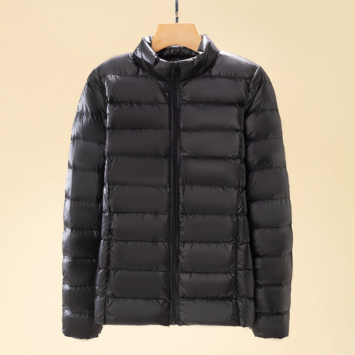 Short women's down jacket with stand-up collar