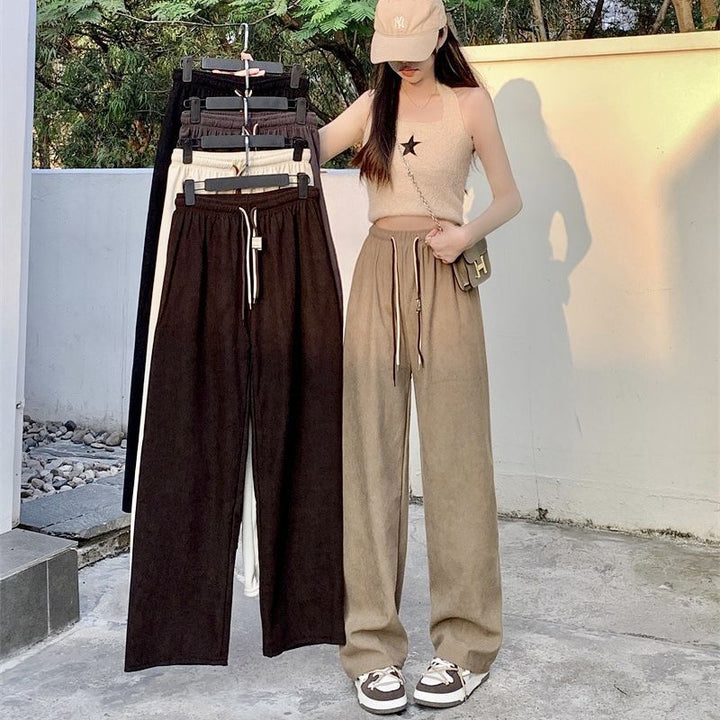 Cord wide trousers with drawstring, high waist, straight cut