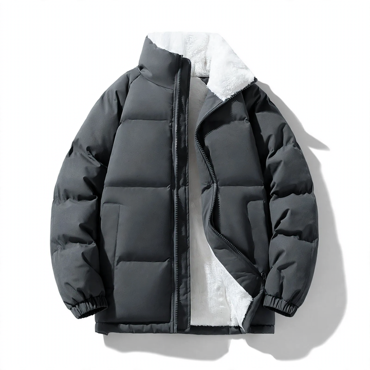 Padded men's winter jacket with hood and wind protection