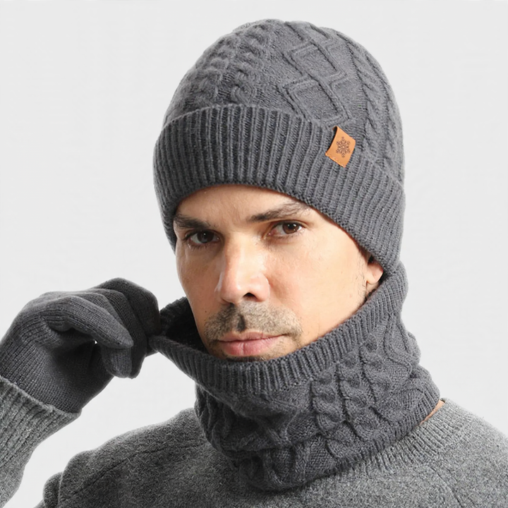 Knit set for men: beanie, scarf, and gloves
