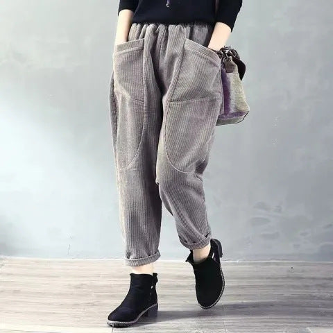 Fleece-lined cord harem pants with elastic waistband