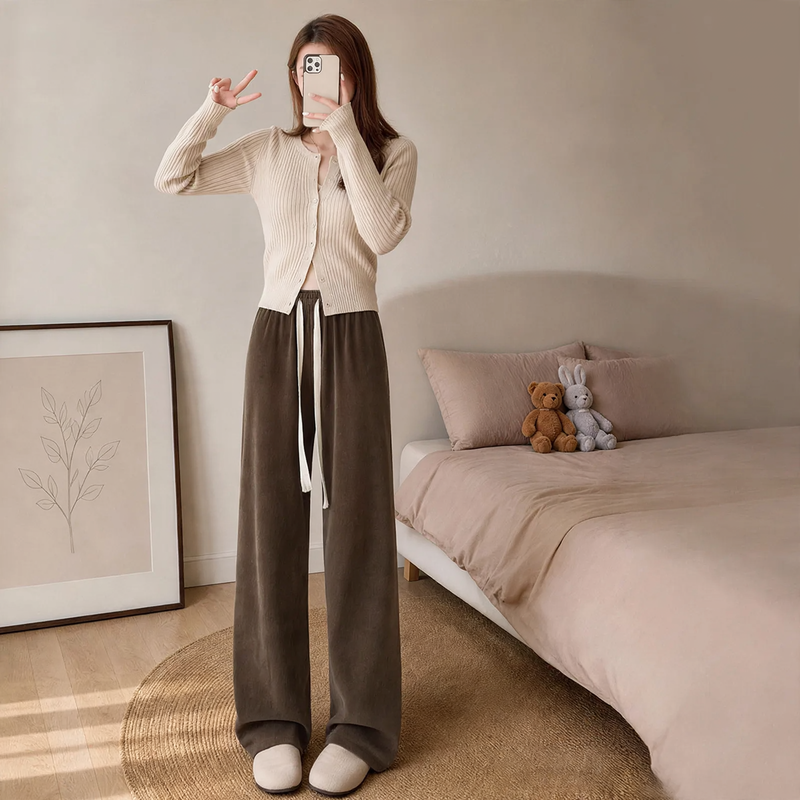 Fleece-lined corduroy knitted pants with wide legs