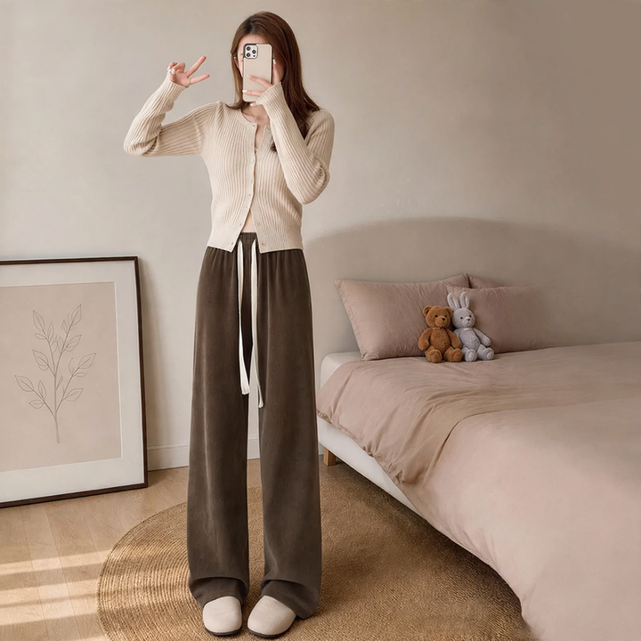 Fleece-lined corduroy knitted pants with wide legs