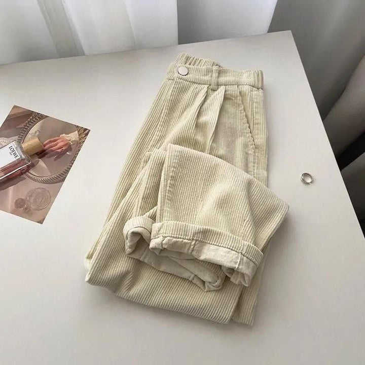 Cord pants with vertical stripe pattern, high waisted